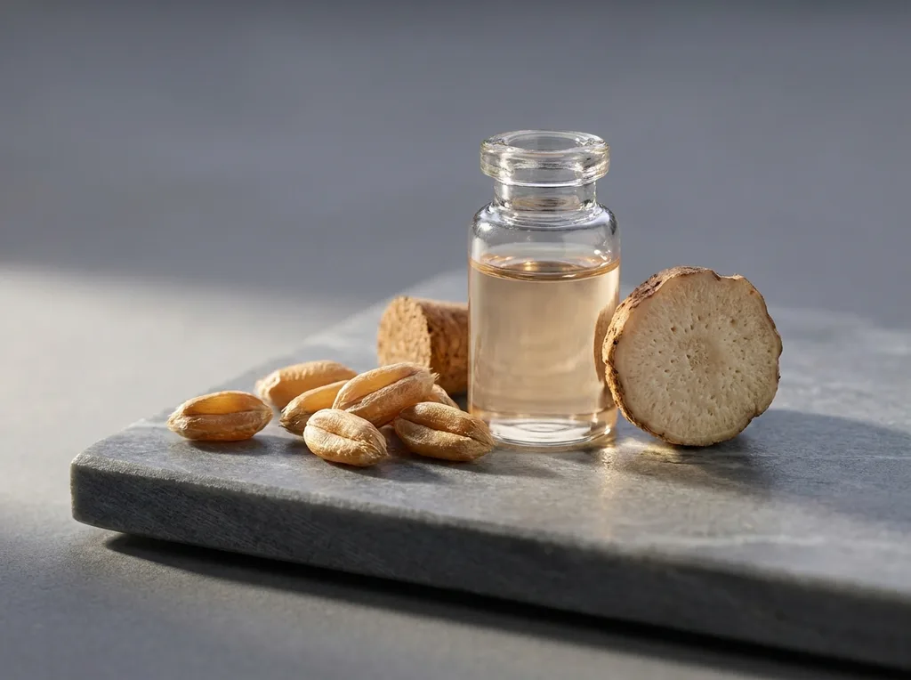 Raw botanical ingredients  wheat kernels and a small glass vial of pale oil  arranged on a clean stone surface, Close-up still life of raw botanical ingredients six whole wheat kernels, a small open glass vial holding three milliliters of pale gold ceramide oil, and a single cross-section of a konjac root on a smooth grey slate surface Shot on Canon EF 100mm f28L macro lens, ISO 200 Raking side-light from a single soft-box at 45 degrees creating soft long shadows that reveal the texture of the kernels Mood scientific, quiet, precise Color palette warm wheat gold, cool grey, translucent amber Extreme shallow depth of field  front element sharp, background dissolves, hyper-realistic editorial photography, 8k, sharp focus, professional color grading, NO text, NO illustration, NO cartoon, NO 3d render