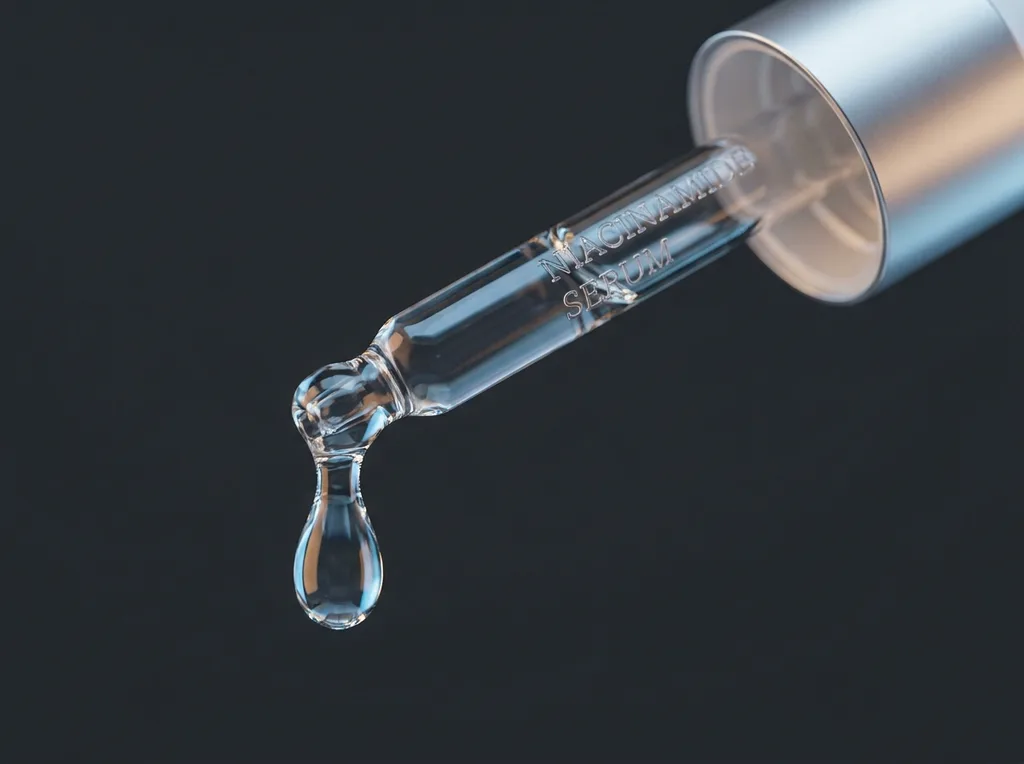A macro close-up of a single drop of niacinamide serum suspended from a glass dropper against a deep charcoal background, Extreme macro close-up of a single translucent serum droplet suspended from the tip of a glass dropper pipette, the liquid catching light with an internal glow, a rich charcoal-grey background creating maximum contrast, fine surface tension visible at the droplet edge, shot on Sony A7R IV with 100mm f28 macro lens, clinical cool 5600K overhead lighting with a subtle warm rim light from the right, color palette of deep charcoal, warm amber and ice-blue light refraction, hyper-realistic editorial photography, 8k, sharp focus, professional color grading, NO text, NO illustration, NO cartoon, NO 3d render