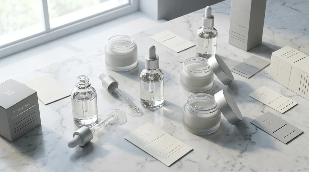 Multiple glass serum bottles and skincare product labels arranged on a clean white surface, slightly scattered as if mid-examination, Multiple minimalist glass serum bottles and skincare product packaging arranged on a clean white marble surface, slightly scattered and overlapping as if under critical examination, some bottles open, shot from slightly above, Sony A7R IV with 85mm f18 lens, soft diffused window light from the upper left casting gentle shadows, focus on the glass textures and liquid reflections, cool clinical tones with pale ivory and soft grey palette, mood is analytical and quietly urgent, hyper-realistic editorial photography, 8k, sharp focus, professional color grading, NO text, NO illustration, NO cartoon, NO 3d render