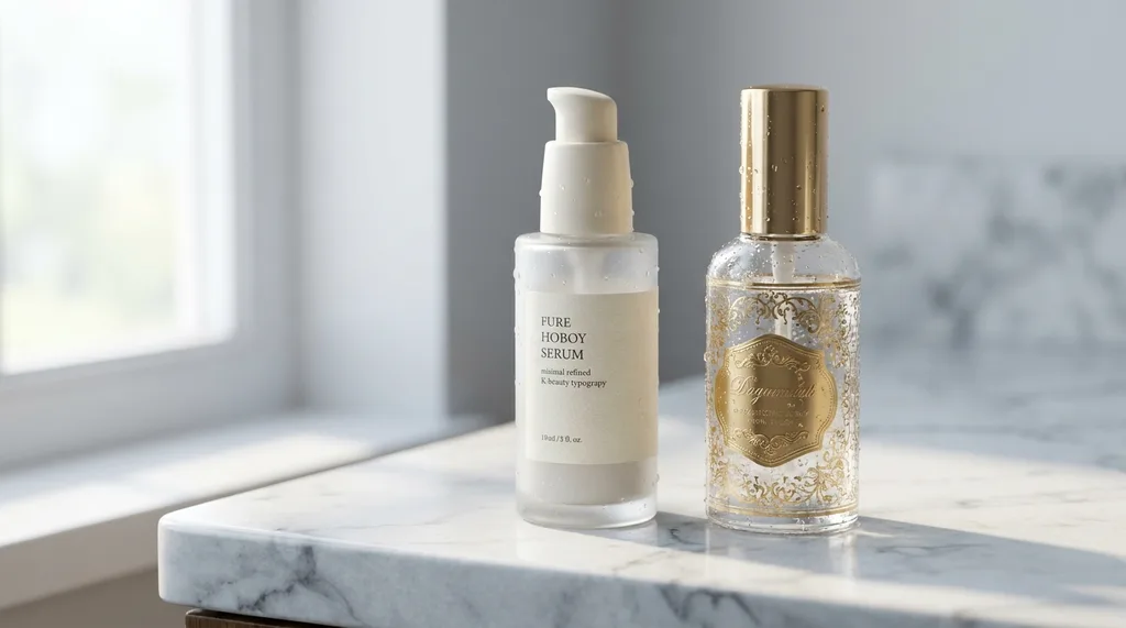 Two skincare serums side by side one minimalist matte affordable bottle and one ornate luxury bottle with gold detailing on a cool white marble surface, Two glass serum bottles side by side on a cool white marble surface one with a clean minimalist matte label, one with ornate gold-foil luxury detailing shot from a slight low angle, Sony A7R IV, 85mm f18 lens, soft diffused morning window light from the left creating a gentle shadow separation between the bottles, water-drop condensation visible on the glass surfaces, mood is quiet and analytical, color palette is cool white, cream, and pale gold, hyper-realistic editorial photography, 8k, sharp focus, professional color grading, NO text, NO illustration, NO cartoon, NO 3d render