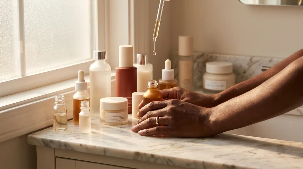 A woman with deep melanin-rich skin in a serene morning bathroom, surrounded by K-Beauty skincare products in minimalist packaging, soft light catching the serum textures on a marble shelf, A serene, sunlit bathroom vanity scene with an anonymous womans hands deep brown melanin-rich skin resting near an array of K-Beauty skincare bottles and glass serums arranged on white marble, shot from a three-quarter angle emphasizing the product textures and the warmth of morning light streaming in from the left, soft diffused natural light at 5200K creating gentle shadows on the bottles, focus on the glass and liquid textures a serum droplet caught mid-fall from a pipette warm amber and cream color palette with deep terracotta undertones, mood is serene confidence and quiet luxury, shot on Sony A7R IV, 85mm f18 lens, shallow depth of field, hyper-realistic editorial photography, 8k, sharp focus, professional color grading, NO text, NO illustration, NO cartoon, NO 3d render