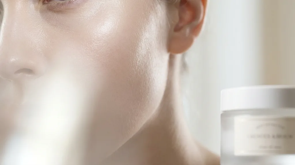 An extreme close-up of a womans bare cheekbone and temple, no makeup, showing luminous translucent skin with subtle light refraction the kind of glow that appears lit from within rather than coated, An extreme macro close-up of a young adult womans bare cheekbone and temple, no makeup whatsoever, skin showing an ethereal lit-from-within translucent radiance with visible natural moisture and microscopic skin texture, soft diffused morning window light falling from the left casting a gentle gradient shadow, skin tones in cool ivory and soft pearl, mood of serene clinical beauty, shot on Sony A7R IV 100mm f28 macro lens, ultra shallow depth of field with the cheekbone edge razor sharp and the background dissolving, color palette of muted pearl white and soft champagne, hyper-realistic editorial photography, 8k, sharp focus, professional color grading, NO text, NO illustration, NO cartoon, NO 3d render