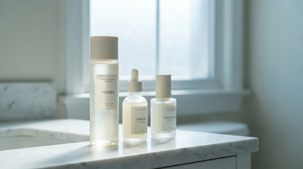 A serene morning bathroom vanity with multiple glass skincare bottles in a row, soft condensation on the glass, pale morning light filtering through a frosted window, A serene morning bathroom vanity scene with a curated row of minimalist glass skincare bottles toner, serum, and moisturizer arranged by ascending size on a white marble surface, soft condensation visible on the glass bottles, pale diffused morning light filtering through a frosted window casting gentle shadows, muted ivory and pale blue color palette, shot on Sony A7R IV with 85mm f18 lens, shallow depth of field with focus on the front bottle, cool 5500K ambient light, mood of quiet ritual and precision, hyper-realistic editorial photography, 8k, sharp focus, professional color grading, NO text, NO illustration, NO cartoon, NO 3d render