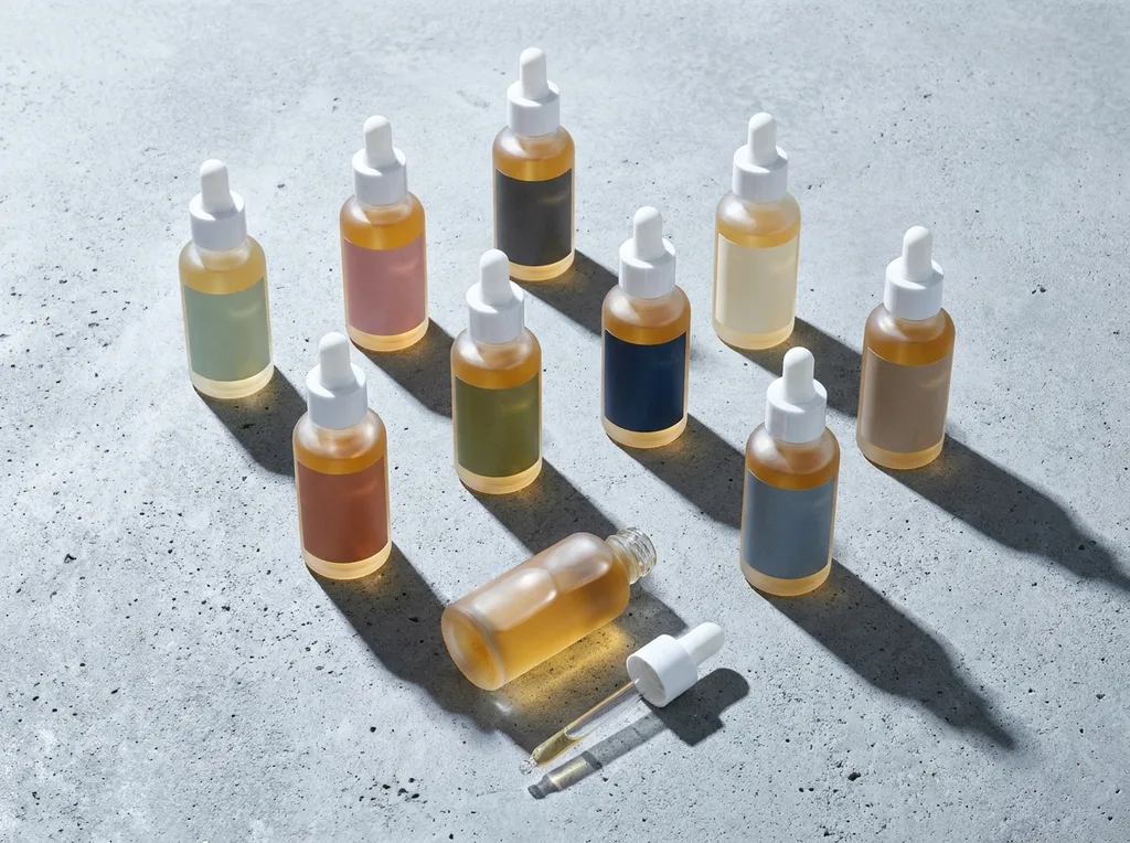 An overhead flat-lay of multiple identical frosted glass serum dropper bottles in different label colors arranged on a raw concrete surface, suggesting the OEM reality same factory, different brands, Overhead flat-lay shot on raw, cool-grey poured concrete Eight to ten identical frosted glass dropper bottles arranged in a loose geometric cluster  each bottle bearing a different minimalist label in varying colors soft sage, dusty rose, charcoal, pale cream, navy The bottles are visually identical in shape and weight only the labels differentiate them One bottle lies on its side, cap off, catching directional cool-white studio light that refracts through the glass The composition implies sameness beneath surface difference  the visual argument for OEM manufacturing Shadows are long and dramatic No people Color palette cool concrete grey, frosted white glass, translucent liquid amber inside the bottles, hyper-realistic editorial photography, 8k, sharp focus, professional color grading, NO text, NO illustration, NO cartoon, NO 3d render