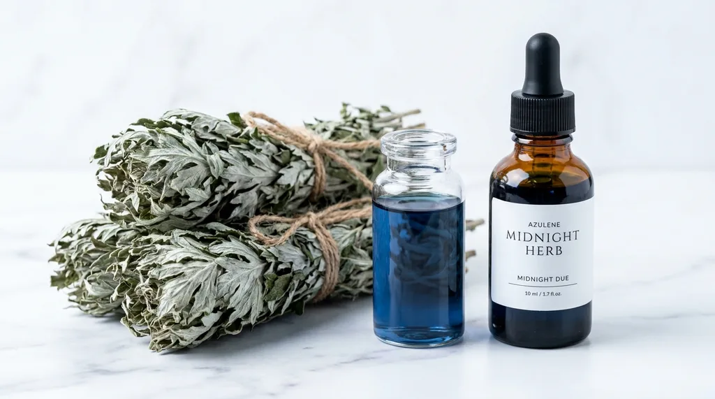 Bundles of dried mugwort herb with a small glass vial of deep blue azulene liquid placed beside them on a white marble surface, Bundles of dried silver-green mugwort herb arranged alongside a small amber glass dropper bottle with deep midnight-blue liquid inside, placed on white marble with subtle grey veining, shot on Canon R5, 100mm f28 macro lens, cool diffused overhead studio light at 5600K, extreme foreground detail on herb texture and blue liquid visible through glass, color palette of silver-green botanicals against white marble with the single note of deep cobalt blue, clinical yet natural mood conveying the contrast between whole plant and isolated compound, hyper-realistic editorial photography, 8k, sharp focus, professional color grading, NO text, NO illustration, NO cartoon, NO 3d render