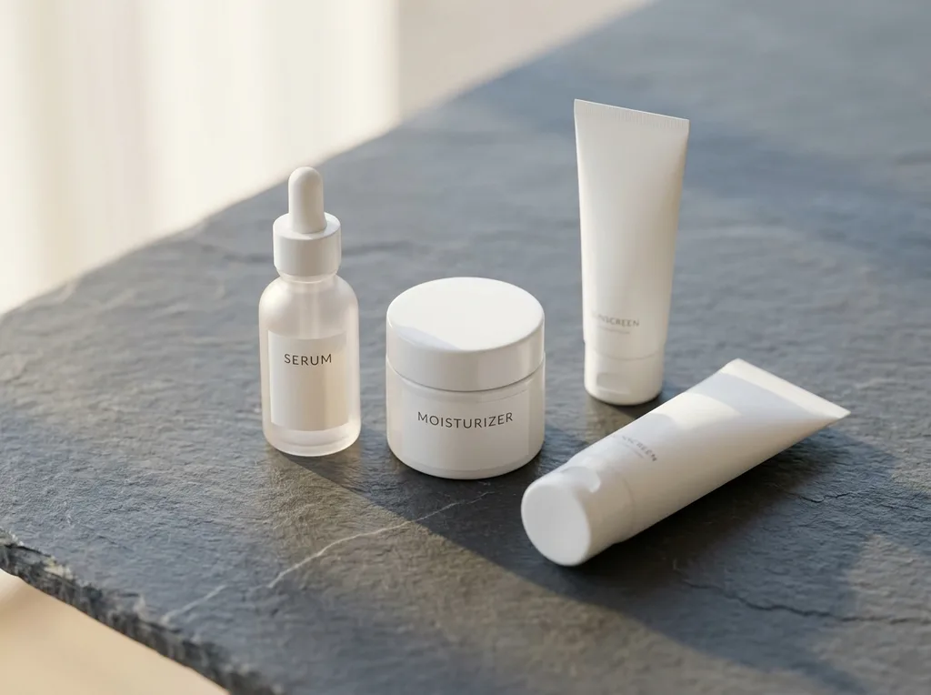 Three minimalist skincare products arranged simply on a cool slate surface in a pool of clean natural light  the deliberate sparseness of the arrangement communicating intentionality and restraint, A clean editorial product photograph of exactly three skincare items  a small frosted glass serum bottle, a ceramide moisturizer jar, and a sunscreen tube  arranged with deliberate negative space on a cool dark slate surface Natural light from one side creates a single clean shadow The arrangement feels considered, even austere  like a chefs mise en place rather than a beauty haul The palette is neutral slate gray surface, soft warm light, white and translucent packaging Nothing extraneous in frame The mood is confidence and restraint  less is the point, hyper-realistic editorial photography, 8k, sharp focus, professional color grading, NO text, NO illustration, NO cartoon, NO 3d render