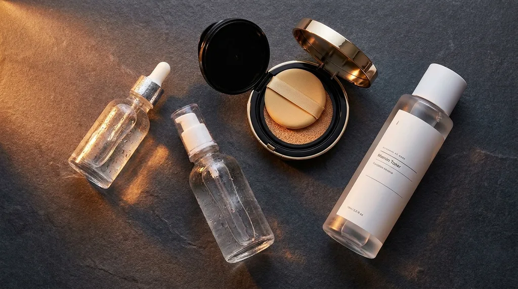 A dark-surface flat-lay of K-Beauty skincare products glass serum bottles, a cushion compact open to reveal its puff, and a toner bottle arranged on a deep slate background with warm amber accent lighting, A dark-surface flat-lay of premium K-Beauty skincare products two glass serum bottles with clear liquid, an open cushion foundation compact showing a golden-beige puff, and a minimalist toner bottle Arranged on a deep slate-grey textured surface Shot on Sony A7R IV, 50mm f20 lens, overhead angle Lighting warm amber accent light from the left side casting long soft shadows, 3200K warmth Texture focus condensation on glass, the velvety cushion surface, liquid refracting light through bottles Mood editorial luxury with a quiet intimacy the kind of counter youd find in a Gangnam skincare boutique at closing time Color palette deep charcoal, warm amber, soft ivory, blush gold hyper-realistic editorial photography, 8k, sharp focus, professional color grading, NO text, NO illustration, NO cartoon, NO 3d render