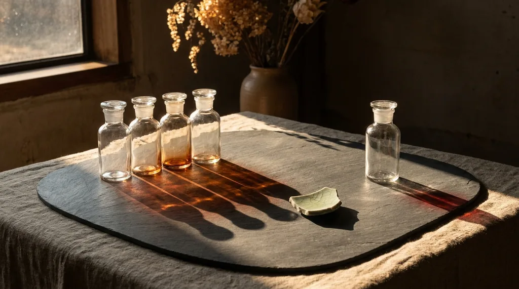 Smooth weight of cool slate under five glass bottles, each clear and identical, their overlapping shadows merging into one dense dark band across the stone The fifth bottle stands slightly apart  its shadow just reaching the edge of the frame, unresolved Eye level, slightly above angled down, single cracked celadon shard on dark slate