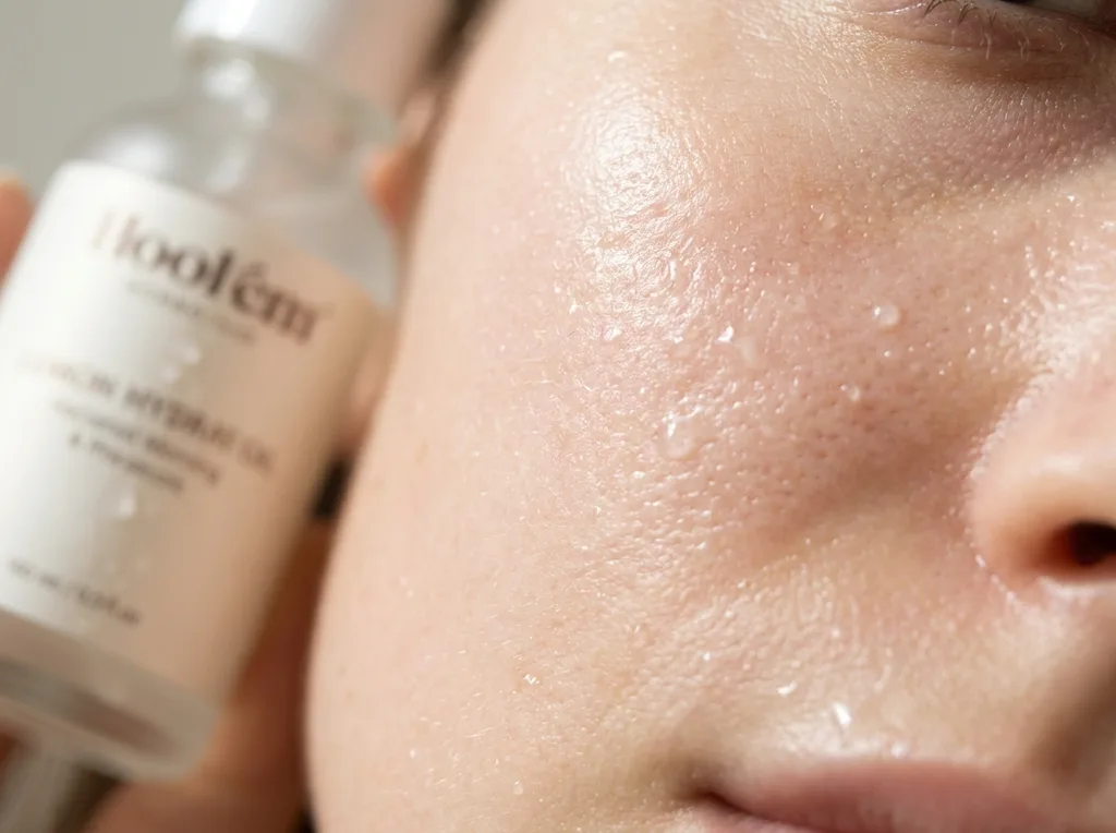 A close-up abstract representation of skin texture and pore refinement, emphasizing healthy, dewy, hydrated skin rather than a clinical procedure, Extreme macro close-up of young adult skin texture, water beading on skin, visible pore-level detail, soft focus, morning light, natural and serene, hyper-realistic editorial photography, 8k, sharp focus, professional color grading, NO text, NO illustration, NO cartoon, NO 3d render