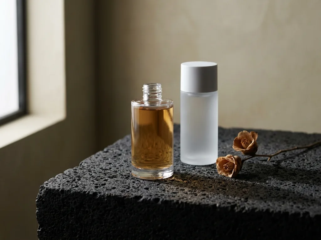 A carefully arranged still life of two or three minimalist K-beauty product bottles  one glass, one frosted  on a dark volcanic stone surface with a single dried camellia branch, A still-life arrangement of two minimalist K-beauty serum and toner bottles  one clear glass with golden liquid, one frosted glass with a white cap  placed on a rough dark volcanic stone surface A single dried camellia branch with two small dried blossoms rests beside them Shot on Sony A7R IV, 85mm f18 lens Moody natural side-light from a narrow window, casting long soft shadows across the volcanic stone The glass bottles show the liquid clearly the stone surface shows its porous volcanic texture Mood considered, editorial, minimalist luxury Color palette deep charcoal volcanic stone, warm amber liquid, cool frosted glass, muted parchment background Hyper-realistic editorial photography, 8k, sharp focus, professional color grading, NO text, NO illustration, NO cartoon, NO 3d render