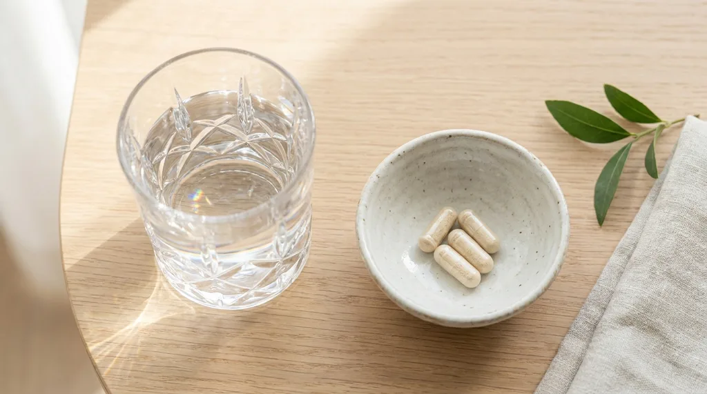 A close-up of a neatly organized morning routine on a clean surface, featuring a glass of water and a small bowl of capsules, A close-up, top-down view of a clean, organized routine setup, a crystal glass of clear water with light refraction, a small ceramic dish containing a few supplement capsules, soft natural light, minimalist composition, serene atmosphere, focus on the clarity of the water and the texture of the dish, hyper-realistic editorial photography, 8k, sharp focus, professional color grading, NO text, NO illustration, NO cartoon, NO 3d render