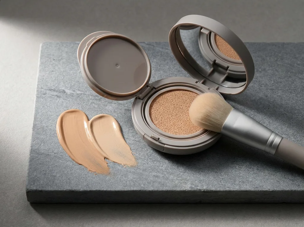 A still-life arrangement of a single open Korean cushion compact and foundation brush, with swatches of product visible in varying skin-tone shades on a stone surface, A single open Korean cushion compact with foundation swatch visible, accompanied by a clean foundation brush, arranged on a cool grey stone surface, product swatches in two distinct tones visible beside the compact showing undertone difference, shot on Sony A7R IV with 85mm f14 portrait lens, soft directional side lighting from the left creating gentle product texture shadows, honest editorial mood, muted grey and beige color palette with subtle warm undertone in the swatches, hyper-realistic editorial photography, 8k, sharp focus, professional color grading, NO text, NO illustration, NO cartoon, NO 3d render