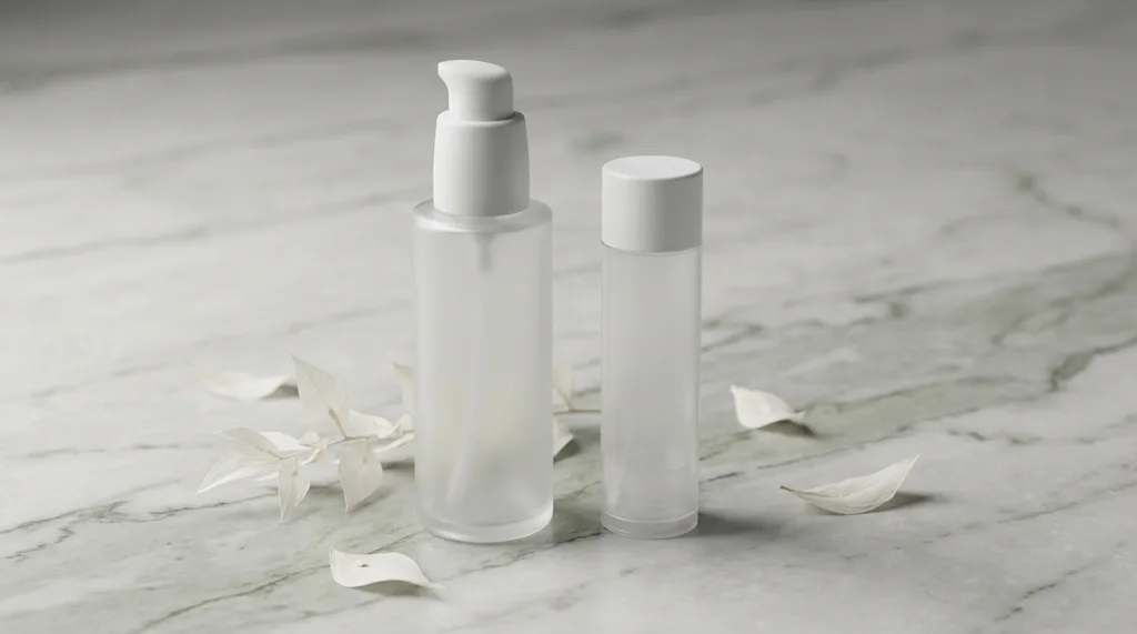 Two minimalist skincare bottles of different sizes  one premium glass, one simple translucent plastic  placed side by side on a clean cool-grey marble surface with a few scattered white botanical leaves, Two minimalist skincare bottles side by side on a smooth cool-grey marble surface  one tall slender premium frosted glass bottle and one smaller simple translucent plastic tube, shot on Sony A7R V with 85mm f20 lens at slight low angle, soft diffused overhead studio light creating gentle shadows, a few small delicate dried botanical leaves scattered naturally between them, mood is neutral and analytical rather than aspirational, color palette is cool grey, soft white, muted sage, depth of field is shallow with both bottles in focus, hyper-realistic editorial photography, 8k, sharp focus, professional color grading, NO text, NO illustration, NO cartoon, NO 3d render