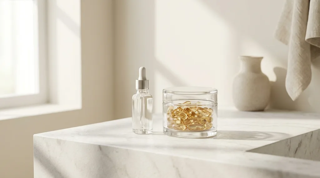 A serene, minimalist bathroom vanity with a single glass serum bottle and a transparent supplement container, soft morning light, A high-end editorial still life shot of a glass serum bottle and a clear glass container of supplement capsules on a marble vanity, soft diffused morning sunlight streaming from the left creating gentle shadows, focus on the texture of the glass and the capsules, serene and clean aesthetic, neutral cream and white color palette, professional depth of field, hyper-realistic editorial photography, 8k, sharp focus, professional color grading, NO text, NO illustration, NO cartoon, NO 3d render