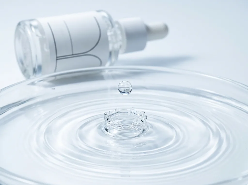 A laboratory-style close-up of a clear liquid drop falling into a shallow basin of water, creating perfect ripples, Macro shot of a single clear serum droplet hitting the surface of clear water, freezing the splash and ripples, clinical and clean atmosphere, cool 5600K lighting, high-speed photography, crystalline texture, deep focus on the point of impact, hyper-realistic editorial photography, 8k, sharp focus, professional color grading, NO text, NO illustration, NO cartoon, NO 3d render