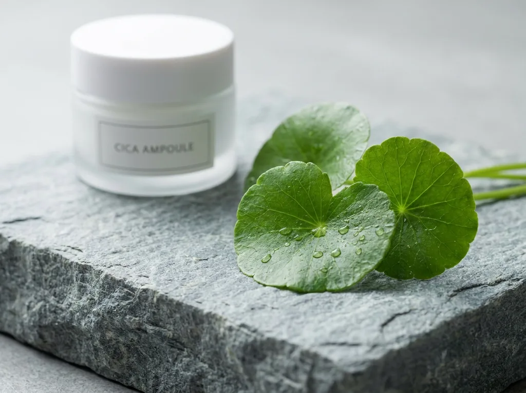 Macro shot of raw Centella Asiatica leaves on a textured stone surface, Extreme macro photography of raw, vibrant green Centella Asiatica leaves resting on a cool, grey slate stone Tiny water droplets resting on the leaves, sharp texture and veining detail Soft overhead studio lighting, clean and refreshing Minimalist composition, muted earth tones, hyper-realistic editorial photography, 8k, sharp focus, professional color grading, NO text, NO illustration, NO cartoon, NO 3d render