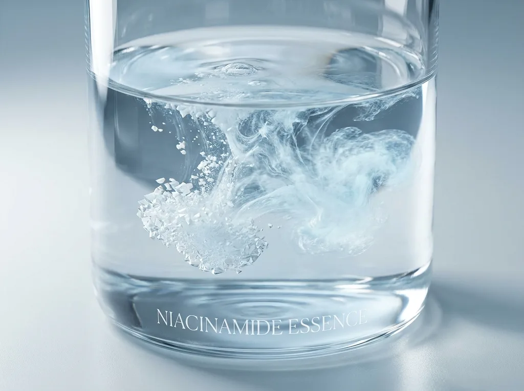 Extreme macro close-up of raw niacinamide powder crystals dissolving into a clear liquid in a laboratory glass beaker, Extreme macro close-up of fine white crystalline powder dissolving and diffusing into a perfectly clear liquid in a clean laboratory glass container, shot on Sony A7R IV 100mm f28 macro lens, diffused cool overhead light at 5600K creating clean reflections in the glass, textures of the crystals and the swirling dissolution pattern are the primary focus, color palette of pure white and ice blue tones against a clean neutral background, clinical and precise mood, hyper-realistic editorial photography, 8k, sharp focus, professional color grading, NO text, NO illustration, NO cartoon, NO 3d render