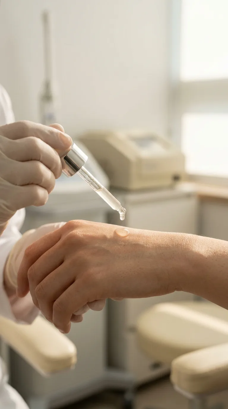 A pair of anonymous hands in a clean clinic setting carefully layering a translucent serum from a dropper onto the back of a hand, clinical environment visible softly in the background, Anonymous close-cropped hands of a skincare professional carefully dispensing a single drop of translucent serum from a glass dropper onto the back of a hand, clean Korean dermatology clinic environment softly blurred in the background with white walls and medical-grade lighting, 85mm portrait lens shallow depth of field, warm soft window light from the right, the serum catching light as it contacts the skin, precise and intimate mood, skin texture visible at a pore level on the receiving hand, muted warm white and cream tones with slight clinical coolness, hyper-realistic editorial photography, 8k, sharp focus, professional color grading, NO text, NO illustration, NO cartoon, NO 3d render