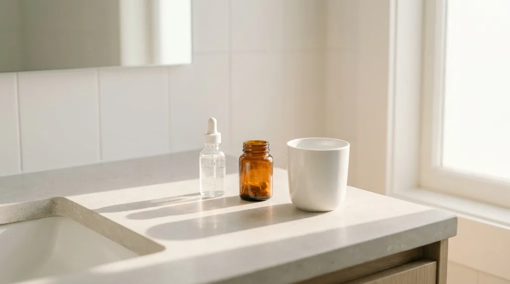 A serene bathroom vanity with a minimal selection of two or three skincare bottles and a supplement jar arranged in morning light, A minimalist bathroom vanity counter with exactly three objects a slim glass serum bottle, a small supplement jar, and a ceramic tumbler of water, arranged on pale grey stone, shot on Sony A7R IV 50mm f2 lens at slight eye level angle, soft warm morning light streaming from the right, clean shadows, the aesthetic of deliberate restraint and quiet routine, white and pale grey tones with a single warm amber accent from the supplement jar, hyper-realistic editorial photography, 8k, sharp focus, professional color grading, NO text, NO illustration, NO cartoon, NO 3d render