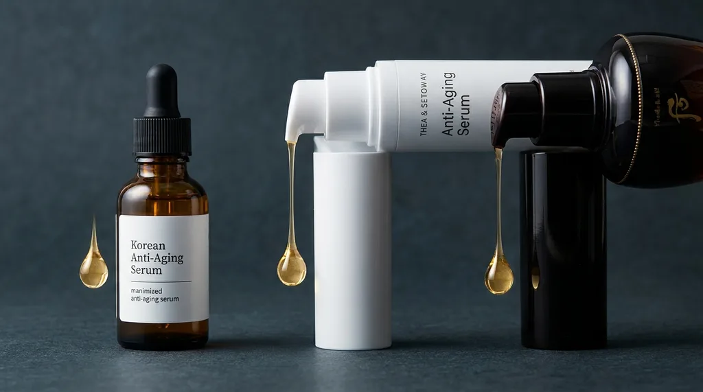 A close-up of three different Korean anti-aging serums  a budget amber dropper, a mid-range airless pump, and a premium lacquered hanbang vessel  with a single drop of each serum suspended mid-fall against a deep charcoal background, each drop visually identical despite the vastly different containers, Three Korean anti-aging serums lined up against a deep charcoal grey background reminiscent of a Seoul overcast morning, each in progressively more ornate packaging  a plain amber glass dropper bottle, a clean white airless pump, and a dark lacquered vessel with subtle gold detailing  with a single clear golden drop of serum suspended mid-air from each dispensing tip, all three drops looking physically identical, lit with precise side lighting that makes each drop glow like a small lens, the contrast between the packagings price signal and the drops visual equality forming the emotional argument of the image, hyper-realistic editorial photography, 8k, sharp focus, professional color grading, NO text, NO illustration, NO cartoon, NO 3d render