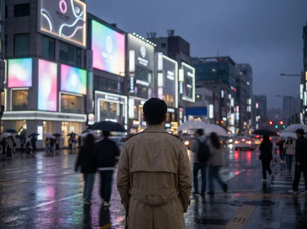 A crowded Seoul street at dusk with illuminated aesthetic clinic signs glowing through a light rain  shot from behind an anonymous figure in a crowd, face never visible, gazing toward the lit building facades, A rainy dusk street scene in a dense Korean urban district  shot from just behind an anonymous figure in a beige coat, their face never visible, looking toward a boulevard lined with illuminated building facades advertising aesthetic and beauty clinics in soft neon and backlit signage The pavement reflects the colored light in wet puddles Other pedestrians blur as motion in the mid-ground The sky is a deep indigo-grey The mood is neither glamorous nor menacing  it is the feeling of a city where beauty has become ambient infrastructure Shot with a slight telephoto compression Hyper-realistic editorial photography, 8k, sharp focus, professional color grading, NO text, NO illustration, NO cartoon, NO 3d render