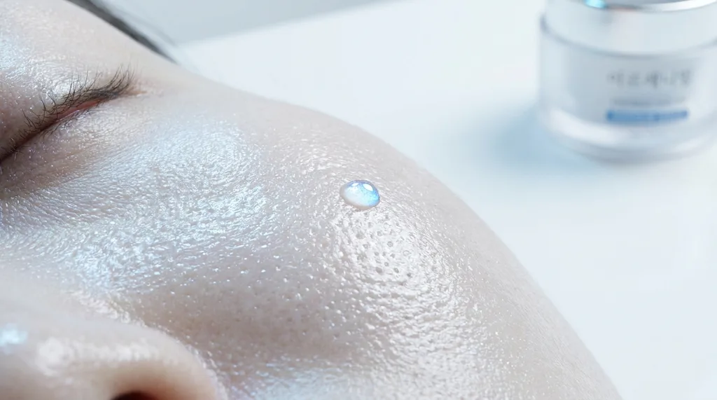An extreme macro close-up of luminous, dewy skin surface showing the glass-like light reflection quality of a healthy moisture barrier, Extreme macro close-up of a womans cheekbone skin surface with visible pore texture and an extraordinary dewy luminosity, light refracting across the surface like polished glass, soft diffused studio light from above at a low angle to catch the skins three-dimensional texture, single droplet of water mid-rest on the skin surface catching light, cool ivory and soft blue-white color tones, clinical yet beautiful mood, shot on Sony A7R IV 100mm f28 macro lens, hyper-realistic editorial photography, 8k, sharp focus, professional color grading, NO text, NO illustration, NO cartoon, NO 3d render