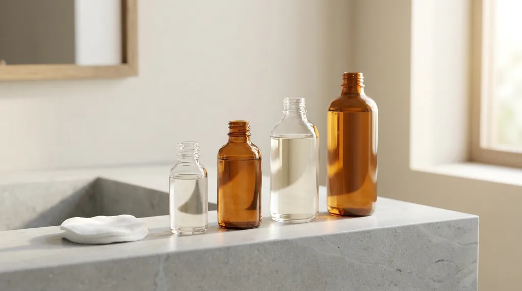 A serene bathroom vanity with layered glass bottles of toner and essence arranged in sequence from smallest to largest, morning light, A minimalist bathroom vanity with four glass skincare bottles arranged in a deliberate left-to-right sequence from smallest to largest, each catching soft morning window light from the right side, the bottles are clear and amber glass containing pale liquid, a folded white cotton pad rests beside the first bottle, cool pale grey stone surface, shallow depth of field with the nearest bottle tack-sharp, warm but restrained color palette of cream, soft amber, and cool stone grey, calm editorial mood, hyper-realistic editorial photography, 8k, sharp focus, professional color grading, NO text, NO illustration, NO cartoon, NO 3d render