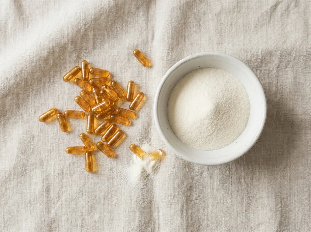 An arrangement of small amber supplement capsules beside a ceramic bowl containing white collagen powder on a pale linen surface, Flatlay arrangement of small amber gelatin capsules and a small ceramic bowl of fine white powder collagen peptide on a pale oatmeal-colored linen cloth, one capsule broken open with powder spilling gently, shot on Canon R5 with 85mm f18 lens from directly overhead, soft natural diffused light from a north-facing window, warm cream and soft amber tones, texture of linen fabric and fine powder granules in sharp focus, quiet scientific stillness, muted natural palette, hyper-realistic editorial photography, 8k, sharp focus, professional color grading, NO text, NO illustration, NO cartoon, NO 3d render