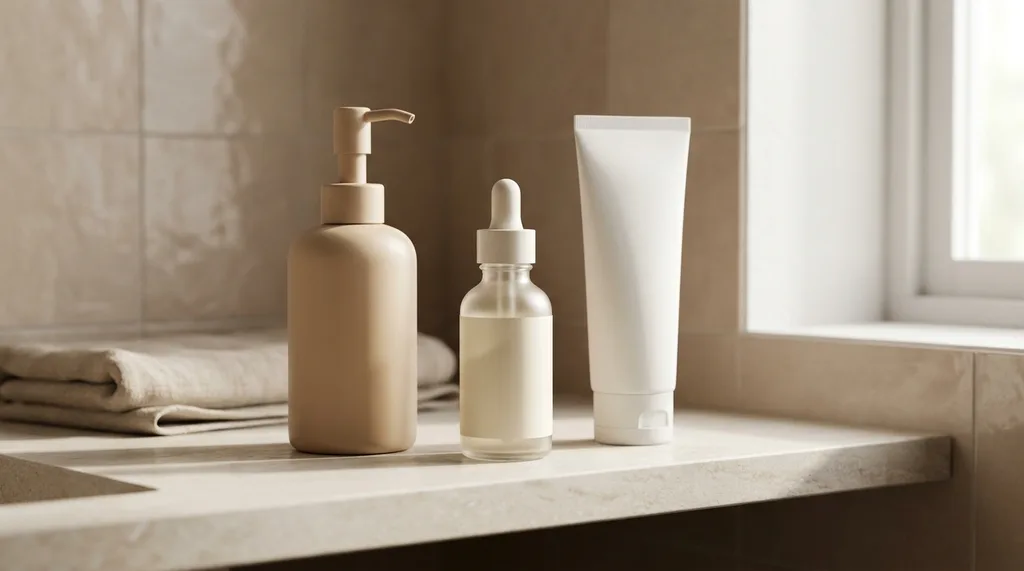 A minimal bathroom shelf with three K-Beauty skincare products arranged by routine order  cleanser, serum, SPF  on a clean surface, A minimal, serene bathroom vanity shelf showing three K-Beauty skincare products arranged in routine order  a cleanser pump, a serum dropper bottle, and a sunscreen tube  on a clean pale stone surface, shot on Canon EOS R5 with 50mm f18 lens, soft natural window light from the right, shallow depth of field with the middle serum bottle in sharpest focus, warm neutral tones of ivory, warm beige, and matte white packaging, calm and deliberate mood suggesting a daily ritual, hyper-realistic editorial photography, 8k, sharp focus, professional color grading, NO text, NO illustration, NO cartoon, NO 3d render