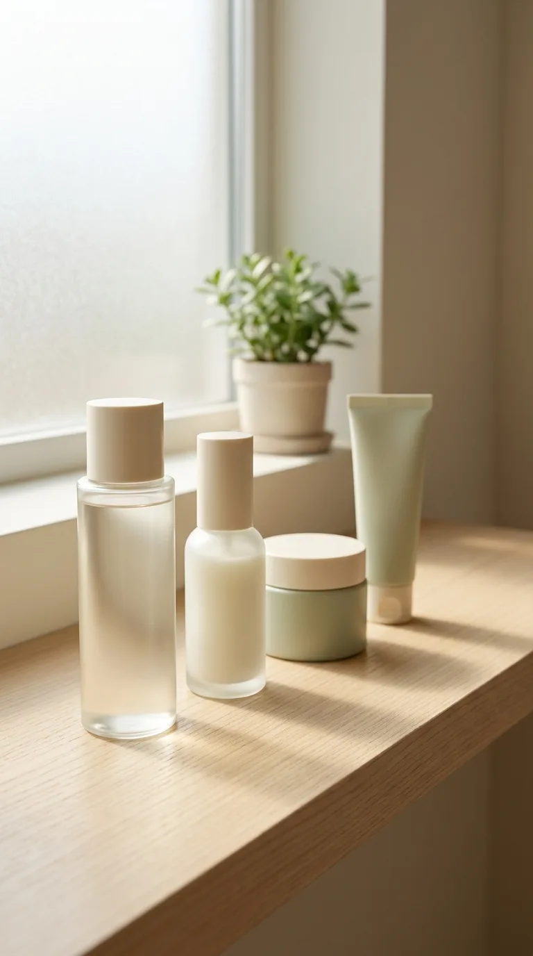 A serene Korean bathroom vanity scene showing four simple skincare products arranged in order of application on a pale wood shelf, soft morning light, A serene minimal Korean bathroom vanity shelf scene, four clean skincare product bottles and tubes arranged in a deliberate left-to-right sequence on pale blonde wood, soft diffused natural morning light from a frosted window at left, gentle shadows, one small green plant in the far background out of focus, the overall palette is warm cream and soft sage green, mood of calm ritual and intentional simplicity, shot on Sony A7R IV with 85mm portrait lens, shallow depth of field with the leftmost bottle in sharpest focus, hyper-realistic editorial photography, 8k, sharp focus, professional color grading, NO text, NO illustration, NO cartoon, NO 3d render