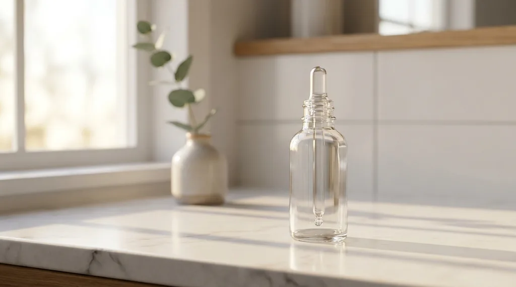 A serene, minimalist bathroom vanity with a single, unbranded glass serum bottle reflecting soft, natural morning light, A close-up of a high-quality glass serum bottle on a clean white marble countertop, soft morning light streaming through a nearby window creating delicate shadows, minimalist aesthetic, serene mood, shot on Sony A7R IV, 100mm f28 macro lens, shallow depth of field, hyper-realistic editorial photography, 8k, sharp focus, professional color grading, NO text, NO illustration, NO cartoon, NO 3d render