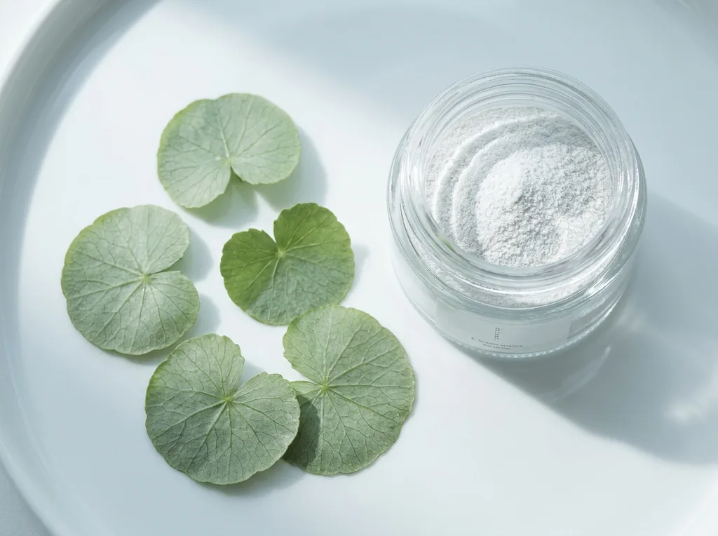 Overhead shot of raw centella asiatica leaves on a clean white surface beside a small glass jar of translucent powder, Overhead flat lay of fresh centella asiatica leaves with their distinctive round shape arranged naturally beside a small open glass jar containing fine translucent white powder on a clean white ceramic surface, shot on Sony A7R IV with a 85mm lens, soft diffused window light from the upper left casting gentle shadows, hyper-detailed leaf vein texture and powder granule texture visible, cool clinical white and natural sage green palette with earthy tones, clean editorial mood, hyper-realistic editorial photography, 8k, sharp focus, professional color grading, NO text, NO illustration, NO cartoon, NO 3d render