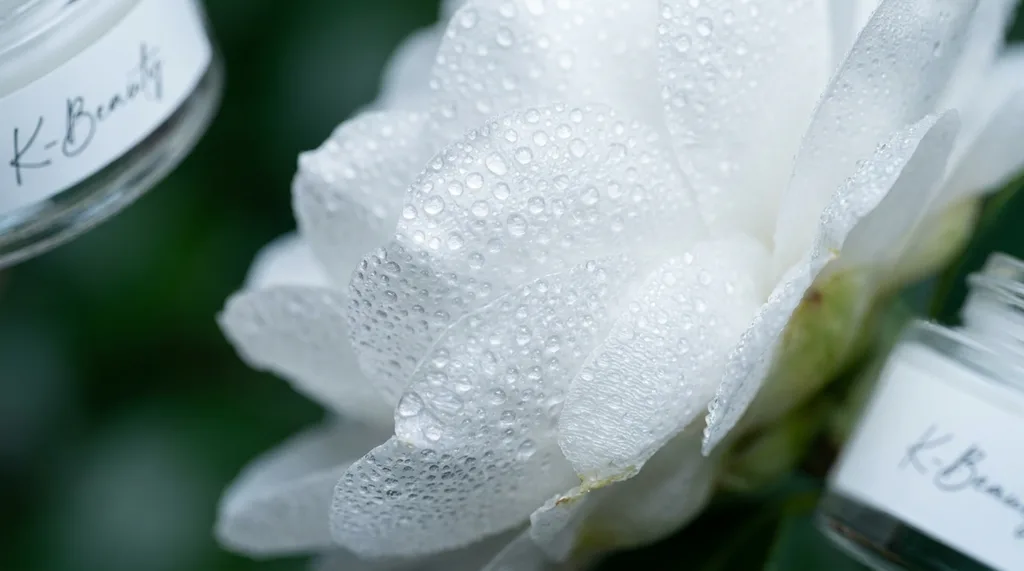 An extreme close-up macro of camellia japonica petals with visible water or oil droplets beading on the petal surface, showing cellular texture, An extreme macro close-up of white camellia japonica flower petals with nanoscale water droplets beading on the surface, revealing the cellular microstructure of the petal Shot on Canon EF 100mm f28L macro lens, Sony A7R IV body Cold, clean laboratory-adjacent lighting, 5500K, soft overhead diffusion The beading droplets catch the light individually, showing refraction Each droplet appears almost spherical  emphasizing surface tension and penetration metaphor Background deep botanical green, shallow depth of field pulling focus to the foreground petal surface Mood clinical beauty, the border between nature and pharmaceutical science Color palette pure white petals, cool green bokeh, crystalline water highlights, hyper-realistic editorial photography, 8k, sharp focus, professional color grading, NO text, NO illustration, NO cartoon, NO 3d render