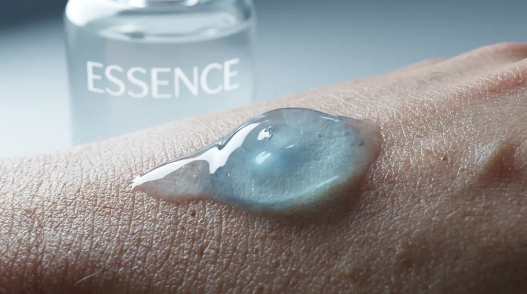 Extreme macro shot of a cream or serum being absorbed into skin texture, showing the layered structure of the skin surface, Extreme macro photography of a translucent gel serum being gently pressed into human skin, captured at a 45-degree angle The skin surface shows fine natural texture subtle pores, micro-relief with the serum pooling in slight depressions before absorbing Shot on Sony A7R IV with a true macro lens at 11 magnification Cool side-lighting from the left at 5600K creates specular highlights on the gels surface Color palette cool neutral skin tones, clear gel with the faintest blue-white luminescence, clean background The image should read as clinical and precise a study in absorption, not a beauty advertisement, hyper-realistic editorial photography, 8k, sharp focus, professional color grading, NO text, NO illustration, NO cartoon, NO 3d render