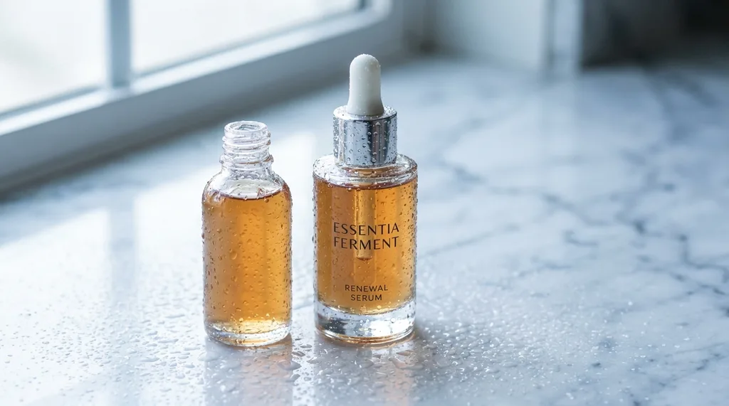 A single glass serum bottle with a fermented essence, surrounded by tiny water droplets on a marble surface, A single minimalist glass dropper bottle containing a slightly amber-tinted fermented essence serum, placed on a cool white marble surface, surrounded by microscopic water droplets that catch and scatter light Shot on Sony A7R IV, 100mm f28 macro lens, extreme shallow depth of field isolating the bottle Soft diffused natural window light from the upper left, 5500K The glass of the bottle renders with perfect clarity, showing the liquids translucency inside Mood serene, clinical, aspirational Color palette cool ivory whites, soft warm amber from the serum, transparent glass highlights The surface is wet but controlled a few isolated droplets, not a flood, hyper-realistic editorial photography, 8k, sharp focus, professional color grading, NO text, NO illustration, NO cartoon, NO 3d render