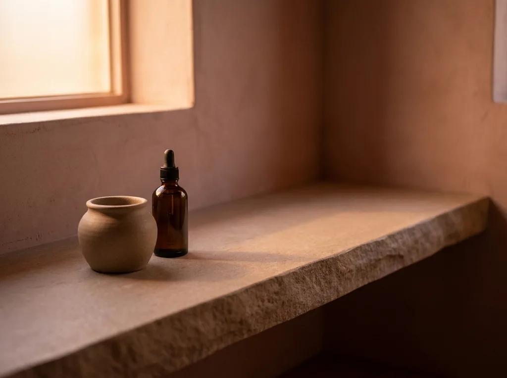 A serene, minimal Korean skincare shelf at dusk showing just two or three products beside an empty space where many bottles used to be the skip-care philosophy made visual, A minimal Korean bathroom shelf at dusk with warm amber low light, just two skincare products a small ceramic jar and a tinted glass bottle arranged with deliberate negative space, smooth stone surface, soft shadow play, a gentle evening mood suggesting restraint and intention, warm amber and dusty rose tones, shot on Sony A7R IV 50mm f14 lens, shallow depth of field, hyper-realistic editorial photography, 8k, sharp focus, professional color grading, NO text, NO illustration, NO cartoon, NO 3d render