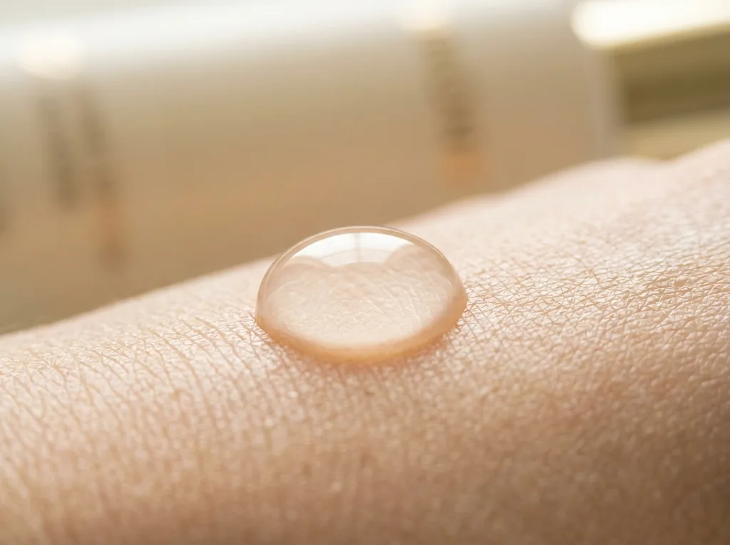 An extreme close-up macro photograph of a single clear serum droplet on skin surface, showing the texture and light reflection at near-microscopic level, An extreme macro close-up of a single transparent serum droplet resting on smooth human skin, the droplet perfectly formed and beading on the surface, visible skin texture beneath showing fine pores and a glow reflected in the curvature of the droplet, shot on Canon EF 100mm f28L macro lens, diffused natural window light from directly above, skin tone warm ivory, droplet catching a single highlight point, background skin texture softly out of focus, serene minimal aesthetic, muted warm cream and pale gold tones, hyper-realistic editorial photography, 8k, sharp focus, professional color grading, NO text, NO illustration, NO cartoon, NO 3d render