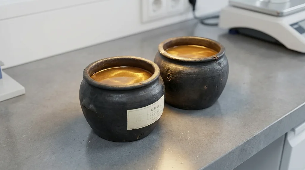 Close-up of dark ceramic fermentation vessels with amber-gold liquid catching warm clinical light  evoking the galactomyces fermentation process that produces GFF, textured and ancient-feeling against a clean research surface, Extreme close-up of two small dark clay or ceramic vessels containing a translucent amber-gold liquid, placed on a clean matte stone surface under warm directed laboratory lighting, the liquid catching light with a subtle golden shimmer suggesting biological richness, surface texture of the ceramic vessels old and slightly uneven contrasting with the clinical cleanliness of the setting, deep amber and charcoal tones, minimal negative space, mood of ancient process meeting modern science, hyper-realistic editorial photography, 8k, sharp focus, professional color grading, NO text, NO illustration, NO cartoon, NO 3d render