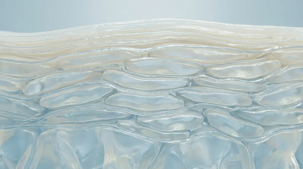 A microscopic view of the skin barrier, showing layers of cells and moisture, Macro view of human skin layers, microscopic texture, realistic biological rendering of the stratum corneum, soft blue and cream tones, clinical atmosphere, hyper-realistic, detailed texture, shallow depth of field, 8k, sharp focus, professional color grading, NO text, NO illustration, NO cartoon, NO 3d render