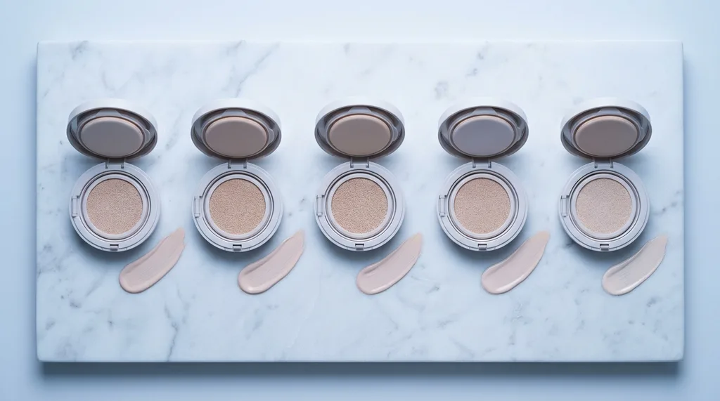 A close-up still life of multiple Korean foundation cushion compacts arranged side by side, all swatched in similar light-pale tones on a white marble surface, A close-up still life product photograph of five Korean BB cushion compacts arranged side by side on white marble, their pans open and swatched  all swatches falling in a narrow band of light to medium-light shades, visibly concentrated in a single tonal range Shot on Sony A7R IV, 100mm macro lens, soft cool overhead light at 5500K, clean clinical aesthetic, minimalist flat surface, no props The concentration of similar swatches communicates the shade-range gap without explanation Muted, slightly clinical blue-white color palette, hyper-realistic editorial photography, 8k, sharp focus, professional color grading, NO text, NO illustration, NO cartoon, NO 3d render