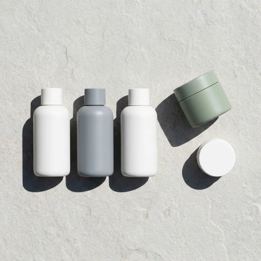 A collection of minimalist skincare product containers on a clean surface, three of them arranged and two knocked over or separated, suggesting reduction and curation rather than abundance, A flat-lay editorial photograph on a clean pale stone surface showing five minimalist skincare product containers three arranged in a precise deliberate row, two others gently pushed aside suggesting curation and reduction, stark single-source window light from above creating clean minimal shadows, matte white and cool grey color palette with one soft sage green accent, mood of deliberate restraint and edit, shot on Phase One with 90mm lens, overhead angle, hyper-realistic editorial photography, 8k, sharp focus, professional color grading, NO text, NO illustration, NO cartoon, NO 3d render