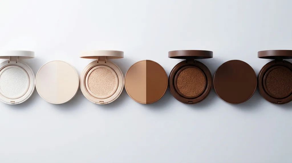 A row of cushion foundation compacts in a spectrum from very light to deep brown, arranged in a gradient on a clean white surface, some open to show the cushion pads in dramatically different shades, A macro still life of seven cushion foundation compacts arranged in a precise gradient from ivory-pale to deep brown on a clean matte white surface, the compacts open to reveal their cushion pads in dramatically varied shades, shot overhead at a slight angle, cool diffused studio lighting at 5600K casting minimal shadows to reveal true pigment color, focus on the pigment texture and the gap between the three pale shades and the four deeper ones  emphasizing the contrast in coverage, clinical minimal color palette with the foundation shades as the only warm tones, mood is investigative and honest, shot on Canon EF 100mm f28L macro, hyper-realistic editorial photography, 8k, sharp focus, professional color grading, NO text, NO illustration, NO cartoon, NO 3d render