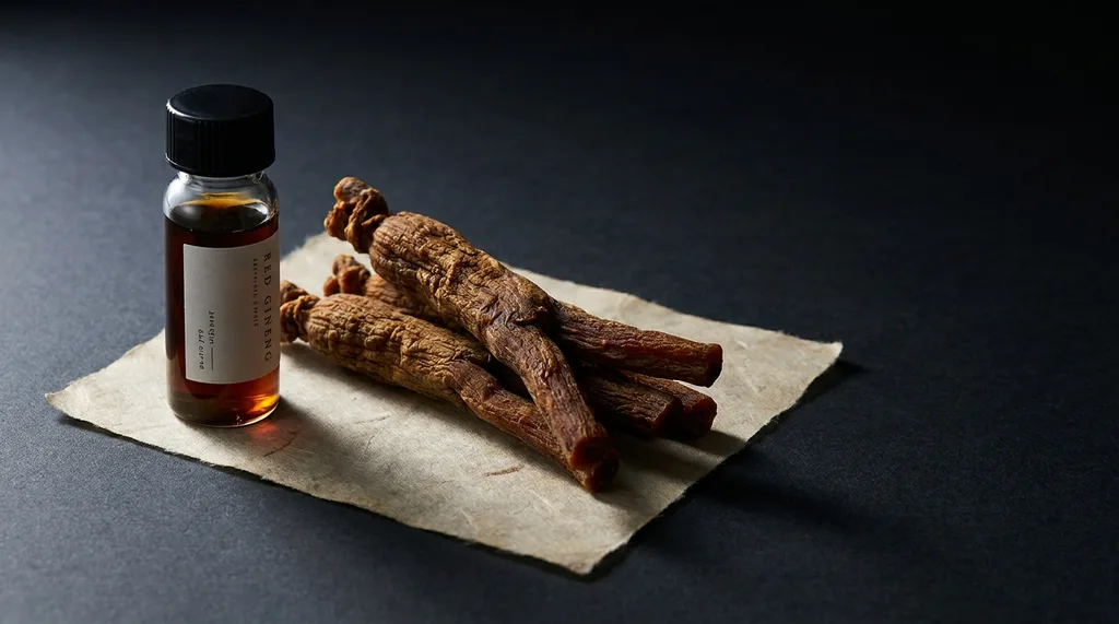 Red ginseng roots  raw, dark amber, textured  arranged on aged hanji paper beside a single small glass vial of concentrated extract, lit with cool clinical light from the left, dark negative space on the right, the dual nature of ancient ingredient and modern science visible in the same frame, Dark studio arrangement of whole red ginseng roots with deeply textured amber-brown skin on a sheet of aged hanji Korean paper, a small precision glass laboratory vial containing deep amber extract placed beside them, cool clinical side-lighting creating strong shadows that reveal the roots texture, dark charcoal negative space background, the composition split between ancient and clinical  herbal wisdom meeting laboratory precision, the roots unmistakably Korean in their specific gnarled form, hyper-realistic editorial photography, 8k, sharp focus, professional color grading, NO text, NO illustration, NO cartoon, NO 3d render
