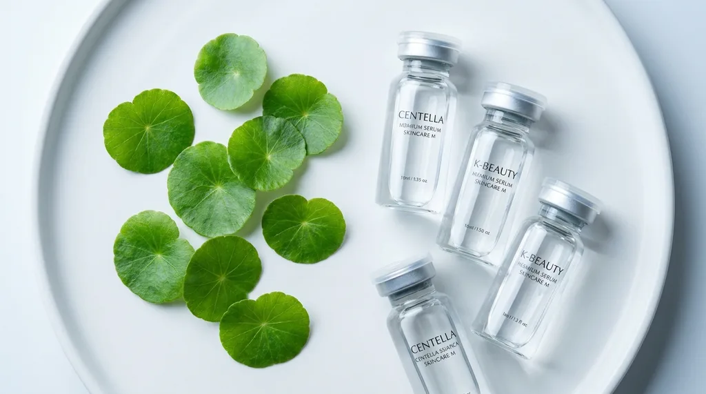 Raw centella asiatica leaves arranged on a clean white surface with small glass vials of clear serum beside them, Flat lay of fresh centella asiatica leaves  small, round, bright green  arranged on a clean matte white ceramic surface, three small glass laboratory vials containing clear serum placed alongside the leaves, shot on Sony A7R IV with 85mm macro lens, overhead studio lighting, cool 5600K white light with soft shadows, visible vein detail on the leaves and liquid meniscus in the vials, color palette of cool white, clean green, and clinical glass, precise and scientific in mood, hyper-realistic editorial photography, 8k, sharp focus, professional color grading, NO text, NO illustration, NO cartoon, NO 3d render
