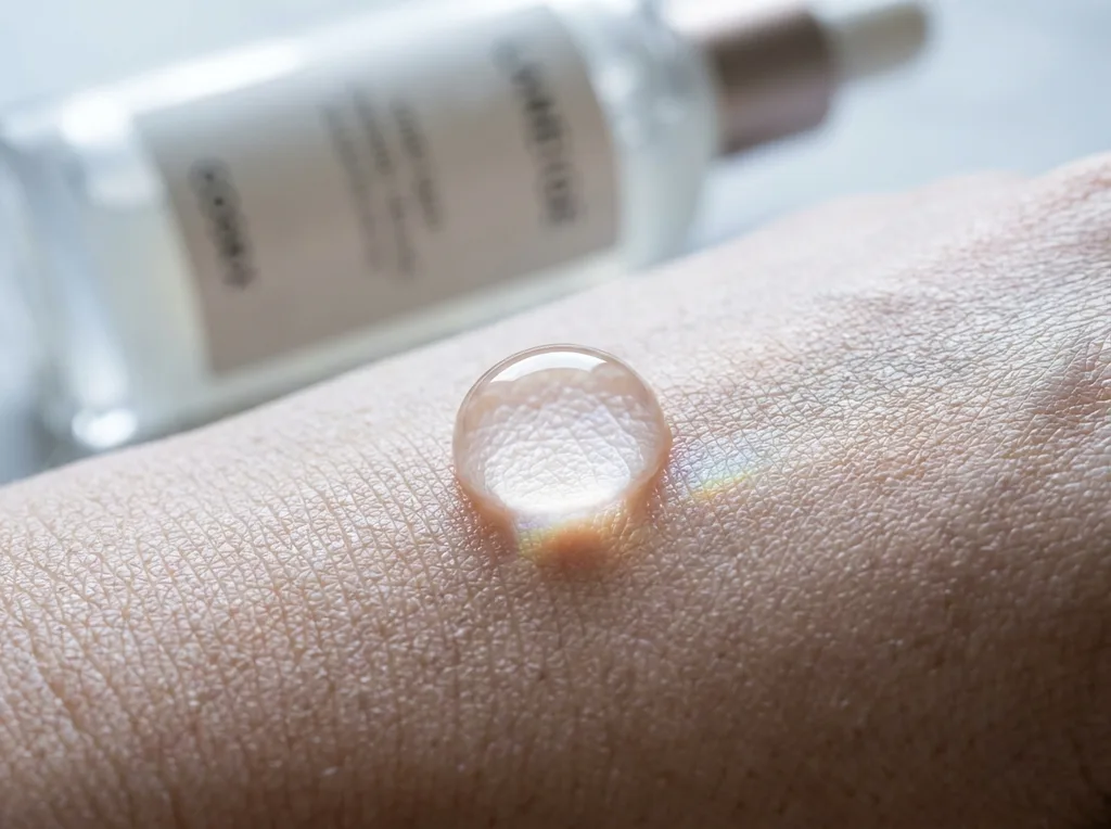 An extreme macro close-up of a single translucent serum drop on the surface of skin, showing micro-texture at a near-microscopic level, Extreme macro close-up of a single translucent serum droplet resting on the surface of skin, shot on Sony A7R IV with 100mm f28 macro lens, cold diffused overhead lighting at 5600K, the droplet refracting light into a faint spectrum, visible micro-texture and fine pore pattern of the skin surface beneath, color palette of cool pearl-white and warm skin tone, clinical and precise mood suggesting penetration and science, hyper-realistic editorial photography, 8k, sharp focus, professional color grading, NO text, NO illustration, NO cartoon, NO 3d render