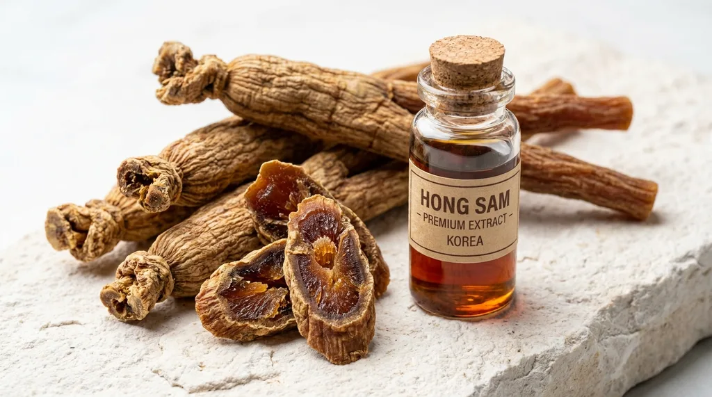 Raw red ginseng roots hongsam arranged on a pale stone surface, some sliced to reveal the interior, next to a small glass vial of amber extract, Raw Korean red ginseng roots arranged artfully on a pale white stone surface, some whole and some cross-sectioned to reveal amber interior, a small glass vial of deep amber liquid extract placed beside them, shot on Canon EOS R5, 100mm f28 macro lens, diffused cool daylight from directly above, rich earthy textures of the root skin and smooth stone in sharp contrast, color palette of warm ochre, deep amber, and cool white stone, mood of traditional medicine meeting modern science, hyper-realistic editorial photography, 8k, sharp focus, professional color grading, NO text, NO illustration, NO cartoon, NO 3d render