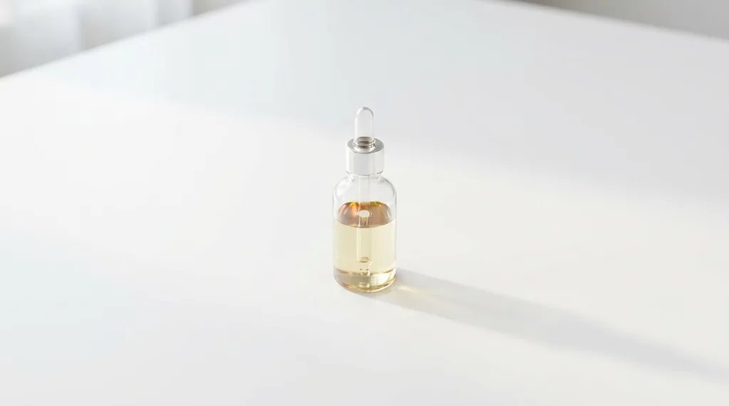 A single clear glass serum bottle sitting alone on a clean white surface, surrounded by empty space, calm and minimal, A minimalist still life of a single clear glass serum bottle standing alone at the center of a pure white surface, generous empty space surrounding it on all sides, soft diffused window light from the left casting a faint shadow, the liquid inside the bottle subtly catching and refracting light in gold and pale amber tones, mood of calm restraint and editorial elegance, color palette of white, clear glass, and pale warm gold, shot on Canon EOS R5, 100mm macro, hyper-realistic editorial photography, 8k, sharp focus, professional color grading, NO text, NO illustration, NO cartoon, NO 3d render