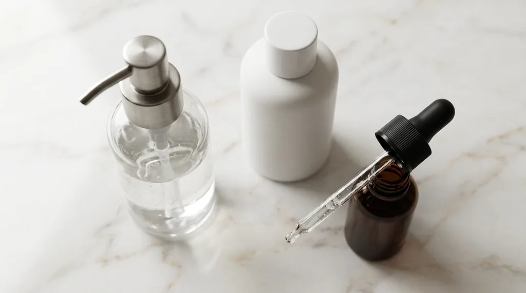 A close-up flat lay of Korean scalp care products  a scalp exfoliant bottle, a clinical shampoo in minimal packaging, and a small dropper ampoule  arranged on a clean white marble surface, Flat lay of three minimalist Korean scalp care product bottles on a cool white marble surface, one clear liquid exfoliant bottle with a pump, one matte white clinical shampoo bottle with restrained typography, one small amber glass dropper ampoule, soft diffused natural window light from above-left casting subtle soft shadows, cool clinical color palette with warm marble undertones, shot on Sony A7R IV with 100mm f28 macro lens, extreme sharpness on the dropper tip with bokeh fading to the marble background, mood of precise efficacy over aesthetics, hyper-realistic editorial photography, 8k, sharp focus, professional color grading, NO text, NO illustration, NO cartoon, NO 3d render