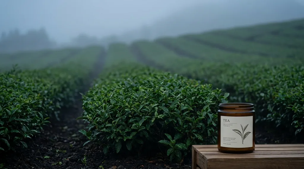 Rows of dark green Camellia sinensis tea plants on a Jeju hillside, shot in early morning mist, with volcanic dark soil visible between the rows, Rows of lush deep-green Camellia sinensis tea plants receding into morning mist on a gently sloping hillside, dark volcanic basalt soil visible between the plant rows in the foreground, soft diffused light filtering through low cloud, color palette of deep forest green, muted grey-blue mist, and rich dark earth tones, shot on Sony A7R IV 85mm f2 lens, shallow depth of field pulling the middle rows into soft focus, mood contemplative and quietly scientific rather than romantic, hyper-realistic editorial photography, 8k, sharp focus, professional color grading, NO text, NO illustration, NO cartoon, NO 3d render