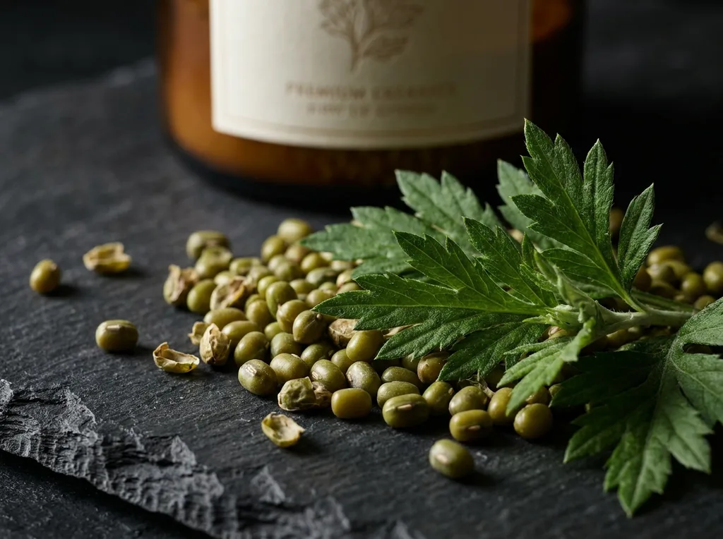 Close-up macro shot of raw mung beans and green mugwort leaves on a dark textured slate, Extreme macro photography of dried mung beans and fresh green mugwort leaves arranged artfully on a dark, textured slate surface, dramatic chiaroscuro lighting, highlighting the organic textures and subtle color variations, professional food-photography style, moody and elegant, hyper-realistic editorial photography, 8k, sharp focus, professional color grading, NO text, NO illustration, NO cartoon, NO 3d render